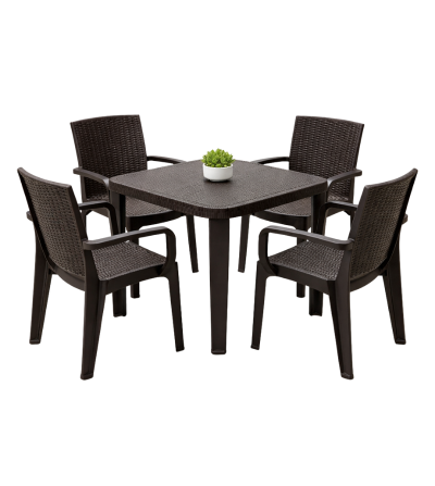 MESA PICA RATAN CUADRADA 4 SILLA CAFE