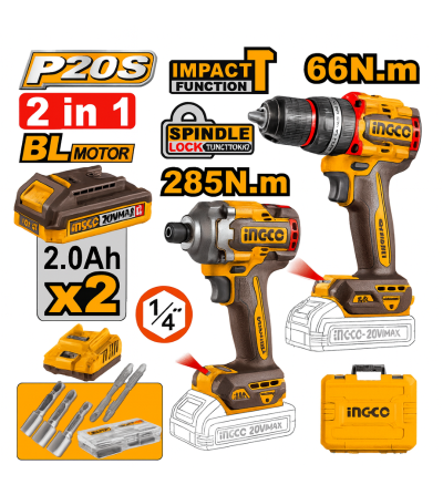 COMBO TALADRO INALAMBRICO 1/2" 20V 66N.M ATORNILLADOR DE IMPACTO 1/4" BL 20V 285N.M UCKLI20277 INGCO