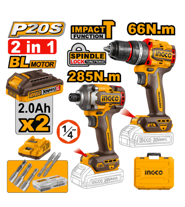 COMBO TALADRO INALAMBRICO 1/2" 20V 66N.M ATORNILLADOR DE IMPACTO 1/4" BL 20V 285N.M UCKLI20277 INGCO