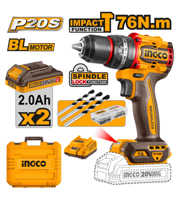 COMBO INGCO TALADRO DE IMPACTO 1/2" BL 20V 76N.M