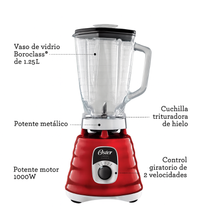 LICUADORA OSTER BLST4126R-013 3VELOCIDADES 1.25LT CROMA-ROJO