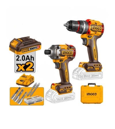 COMBO TALADRO INALAMBRICO 1/2" 20V 66N.M ATORNILLADOR DE IMPACTO 1/4" BL 20V 285N.M UCKLI20277 INGCO