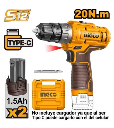 TALADRO INGCO CIDLI12202 INALAMBRICO 3/8" 12V 