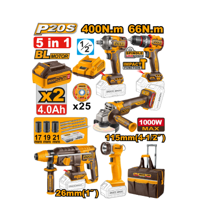 COMBO INGCO UCKLI2059 TALADRO INALAMBRICO 1/2"+LLAVE IMPACTO 1/2"+ ROTOMARTILLO 2.5J+AMOLADORA ANGULAR 4 1/2 +LAMPARA 