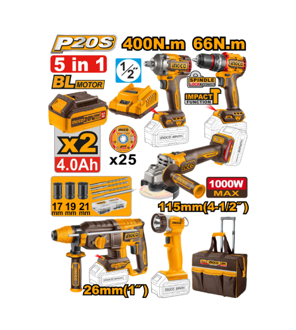 COMBO INGCO UCKLI2059 TALADRO INALAMBRICO 1/2"+LLAVE IMPACTO 1/2"+ ROTOMARTILLO 2.5J+AMOLADORA ANGULAR 4 1/2 +LAMPARA 
